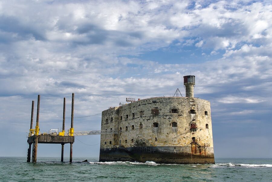 Fort Boyard sea fortress surrounded by blue Atlantic water on a sunny day