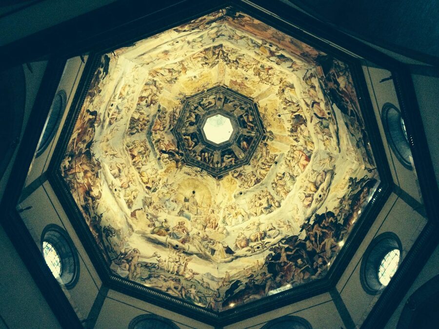 Detailed fresco painting inside Brunelleschi's Dome showing the Last Judgment scenes
