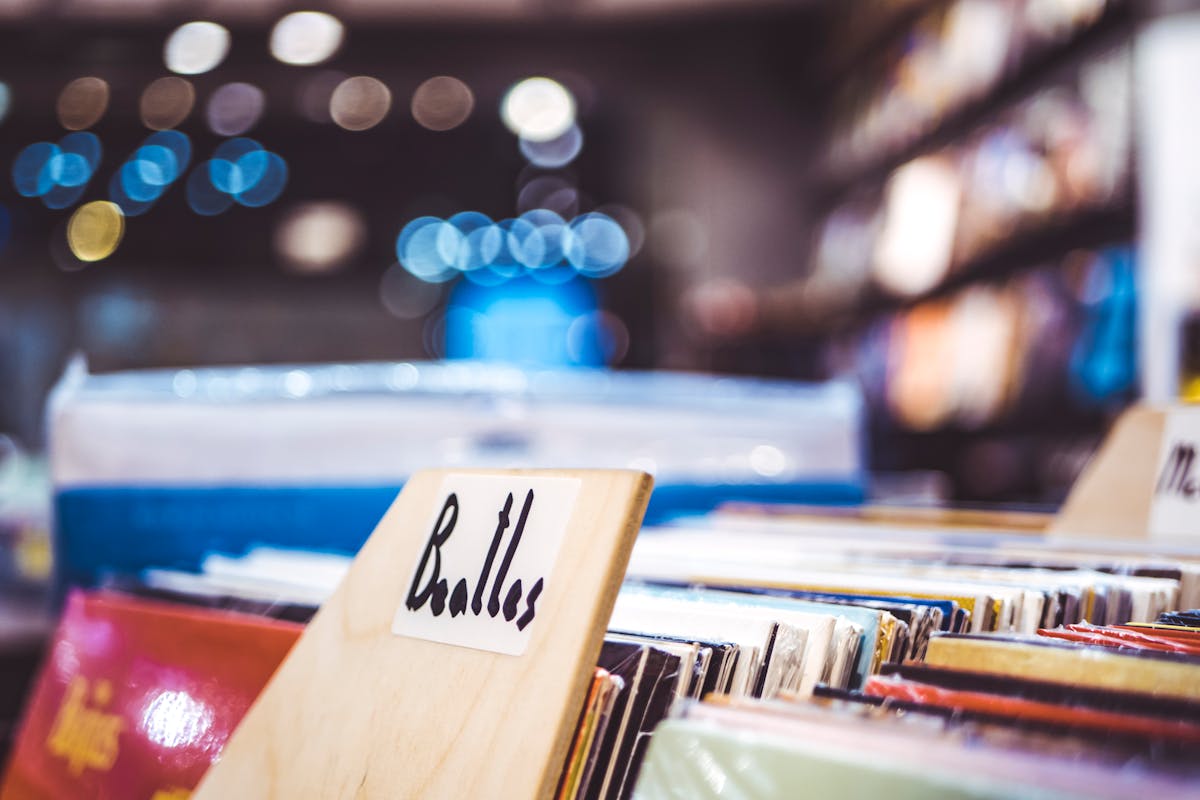 Beatles vinyl records displayed in a retro music store