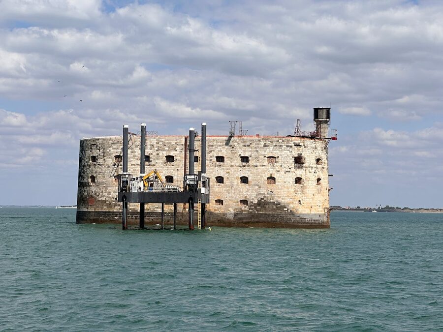 Fort Boyard historic fortress in the Atlantic Ocean under a cloudy sky in Charente-Maritime