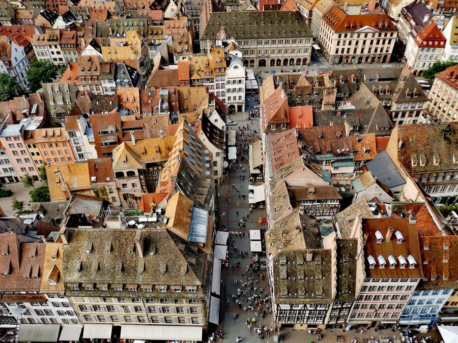 Aerial view of Strasbourg historic district showing colorful rooftops and narrow streets