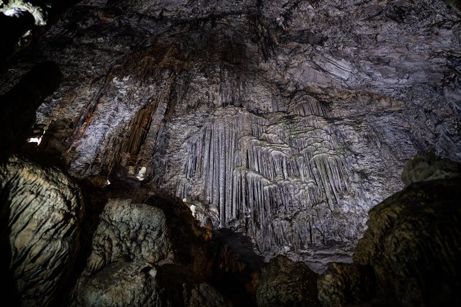 Illuminated karst formations inside a cave on Mallorca island Spain