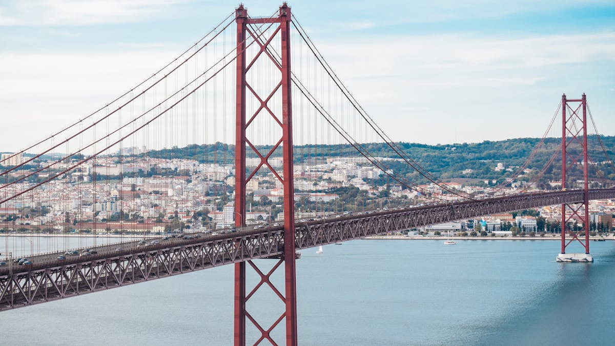 Aerial view of the 25 de Abril Bridge spanning the Tagus River in Lisbon