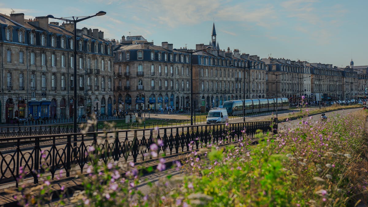 A tram passes historic limestone buildings with flowers in the foreground in Bordeaux France