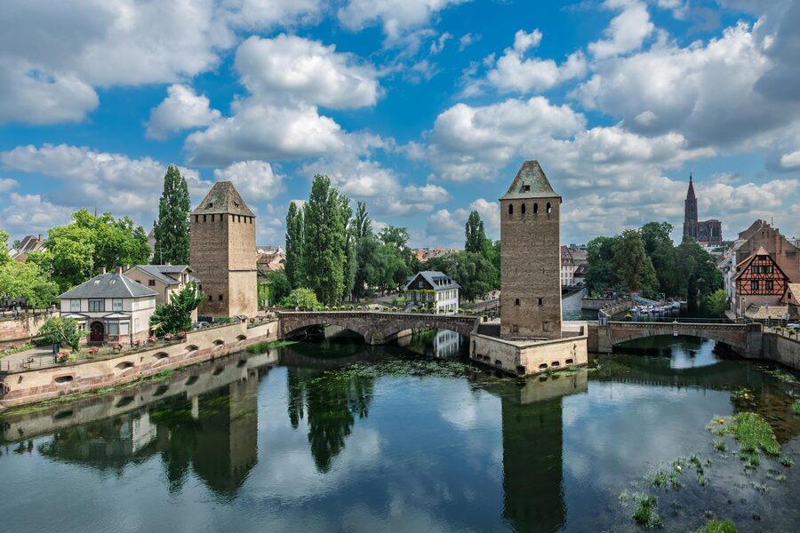 Medieval covered bridges and watchtowers along the River Ill in Strasbourg France