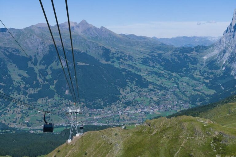 Aerial view from a cable car looking down at Grindelwald village and surrounding Swiss Alps