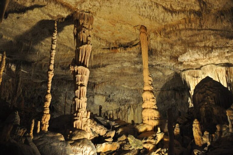 Stalactite formations illuminated inside a cave in Mallorca Spain