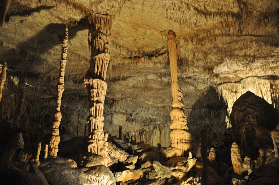 Stalactite formations illuminated inside a cave in Mallorca Spain
