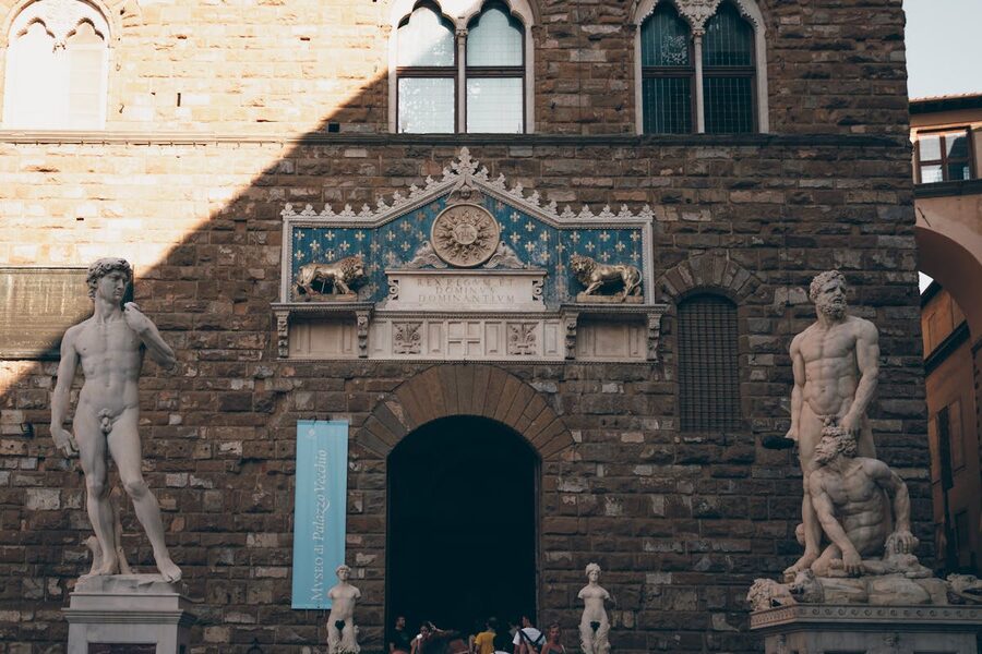 Replicas of David and Hercules sculptures in Piazza della Signoria, Florence