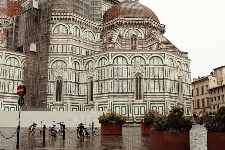 Florence Cathedral on a rainy day showcasing its intricate architecture