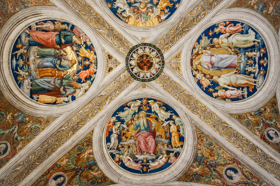 Renaissance fresco painting on a grand ceiling