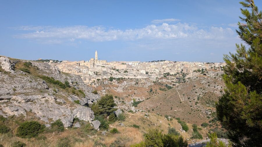 Dramatic panoramic view of Matera and the surrounding ravine landscape