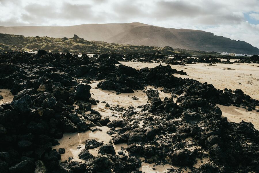 Rugged volcanic terrain with dark lava rock and scattered vegetation in Lanzarote