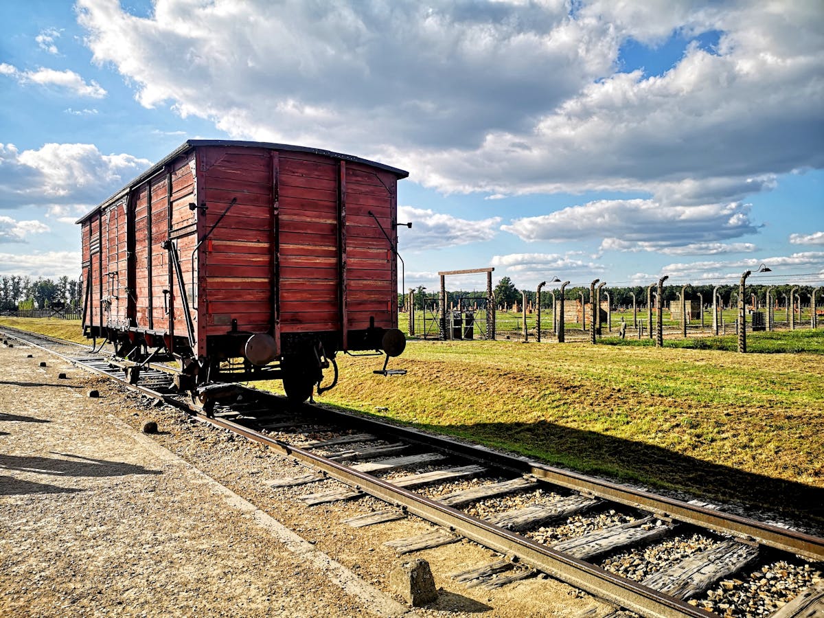 A railway cattle car preserved at Auschwitz-Birkenau