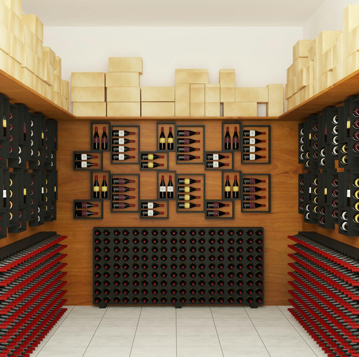 Wine cellar with neatly arranged bottles on wooden shelves