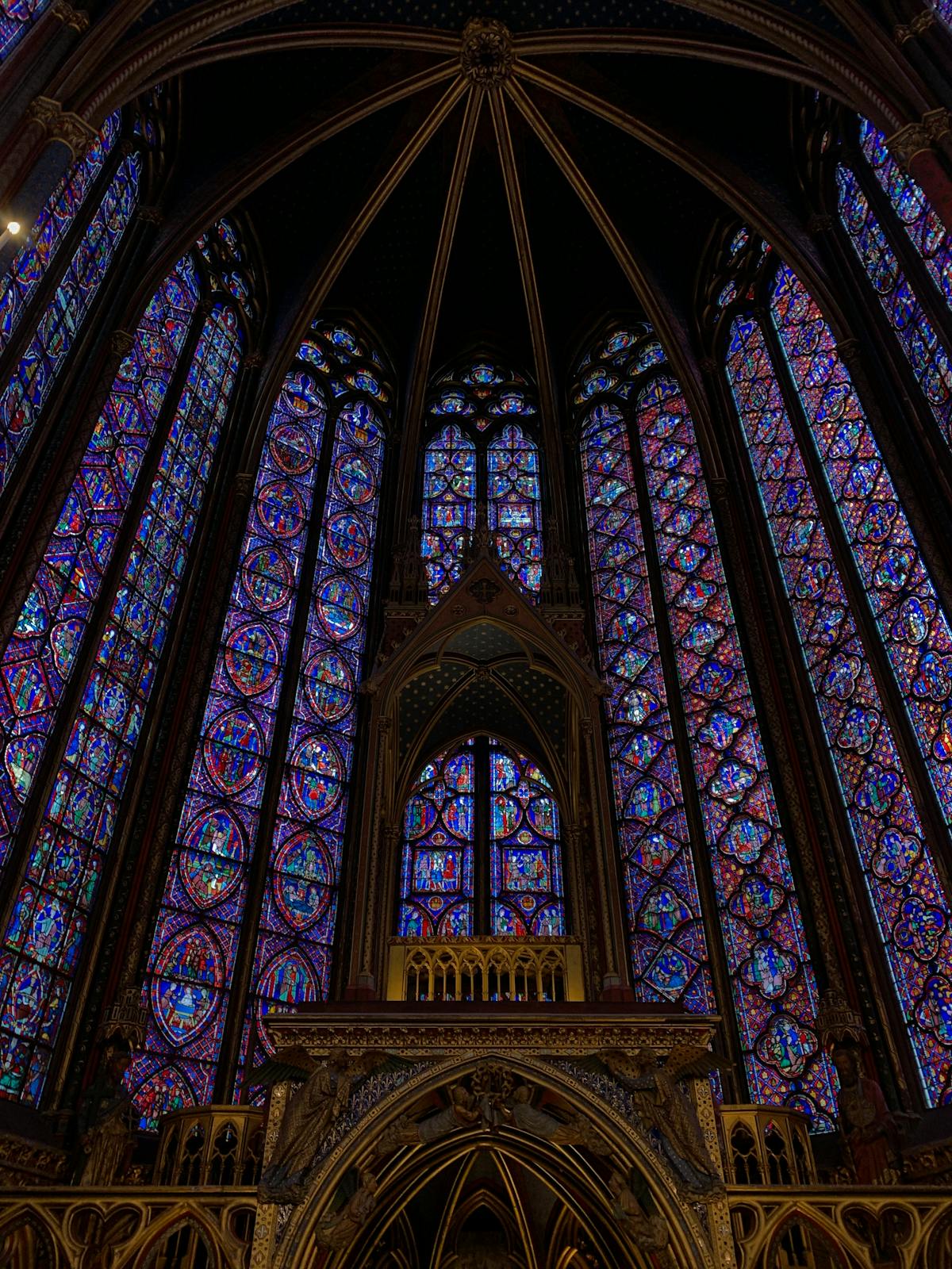 The full height of Sainte-Chapelle's stained glass windows from the chapel floor