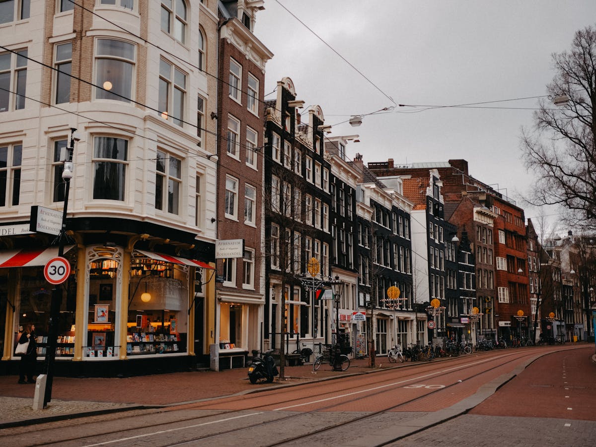 Amsterdam street with traditional Dutch architecture