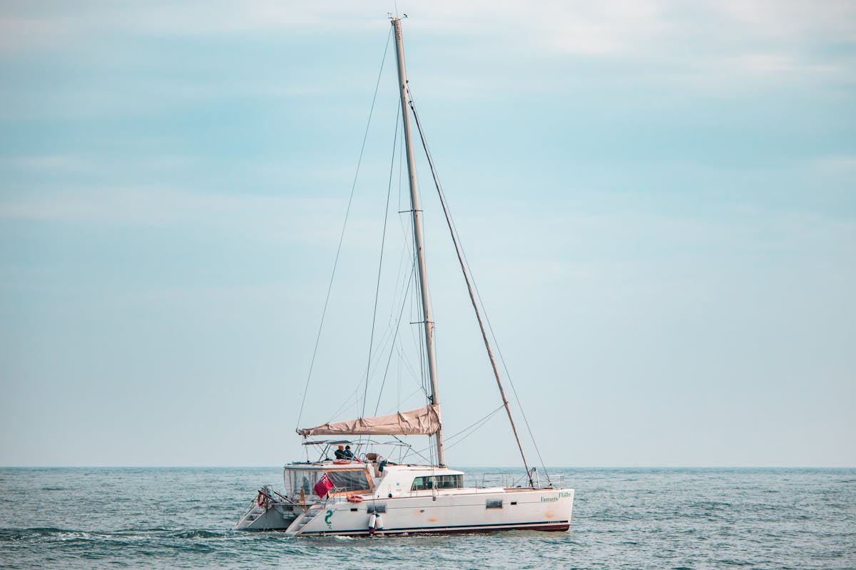 Catamaran sailing peacefully on the sea under a pastel sky