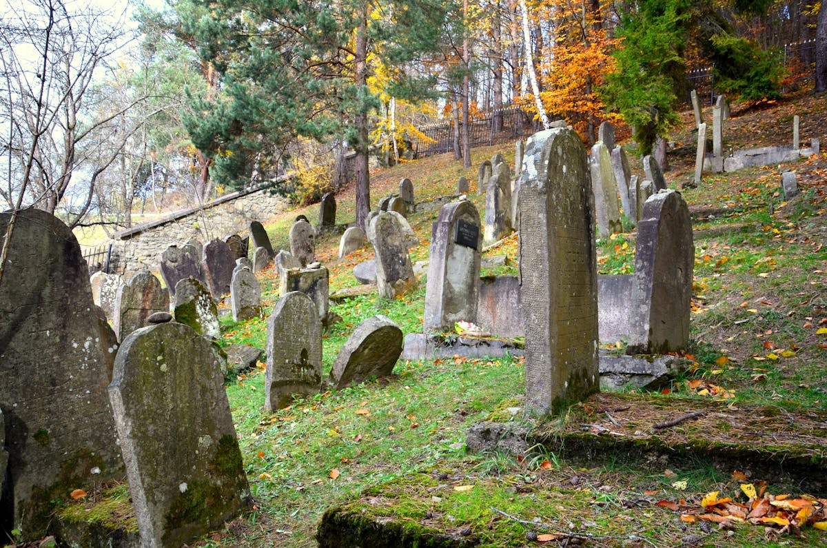 Jewish cemetery with autumn foliage surrounding ancient headstones