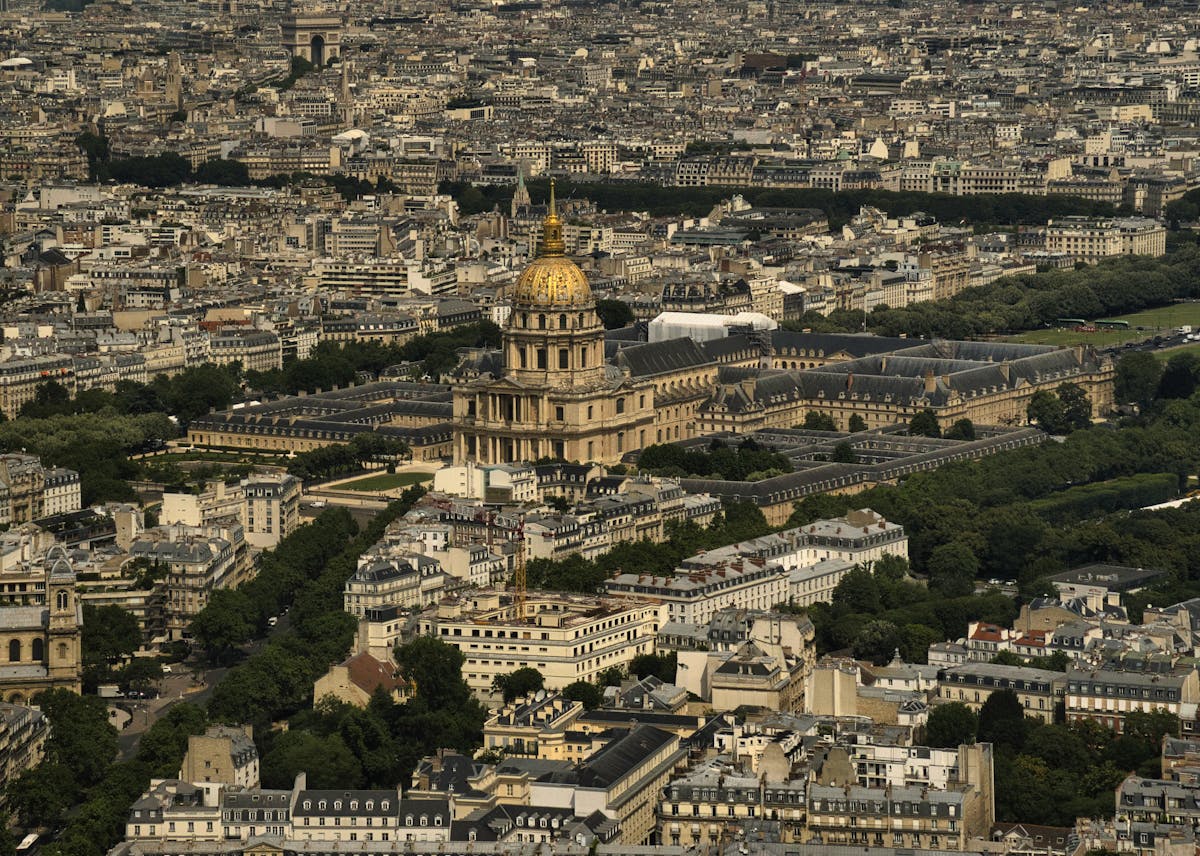 Aerial view showing the full Les Invalides complex and its golden dome in Paris