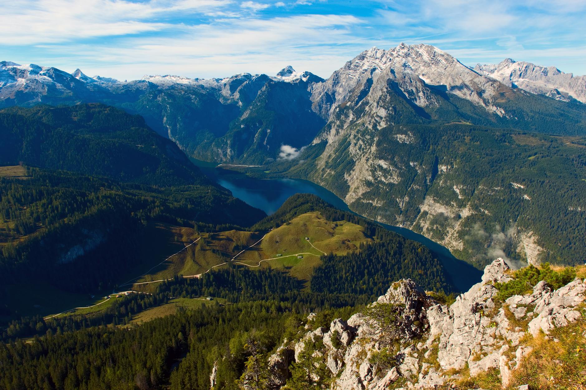 Stunning aerial perspective of Konigssee lake in the Bavarian Alps