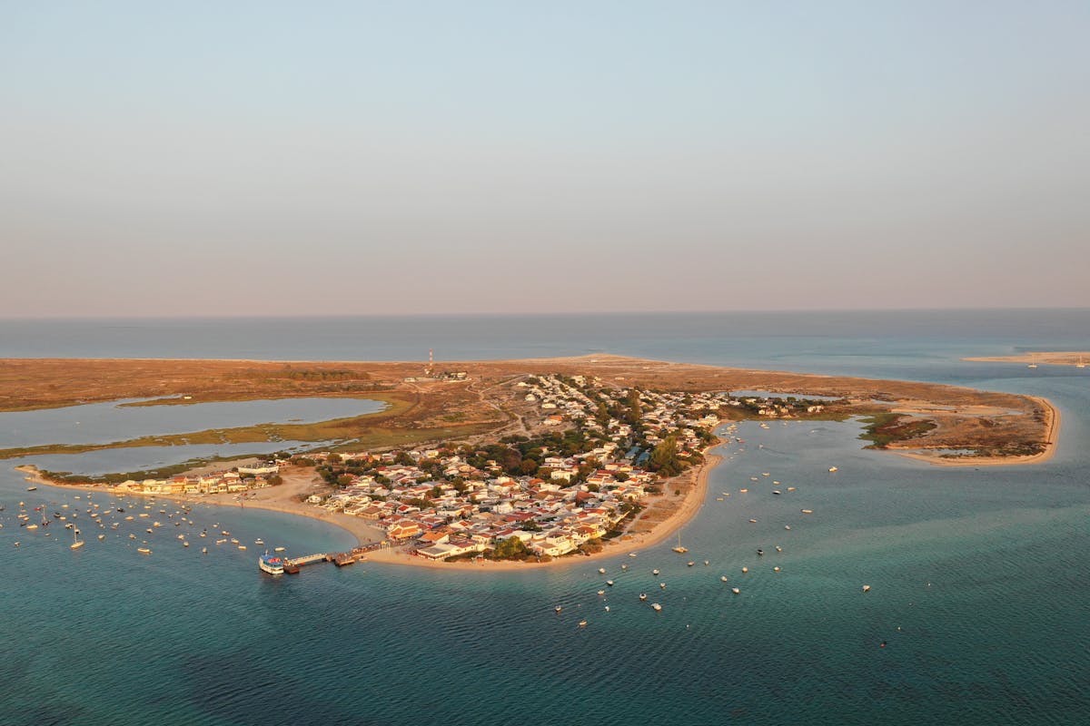 Aerial view of the Algarve coast near Olhao Portugal at sunset