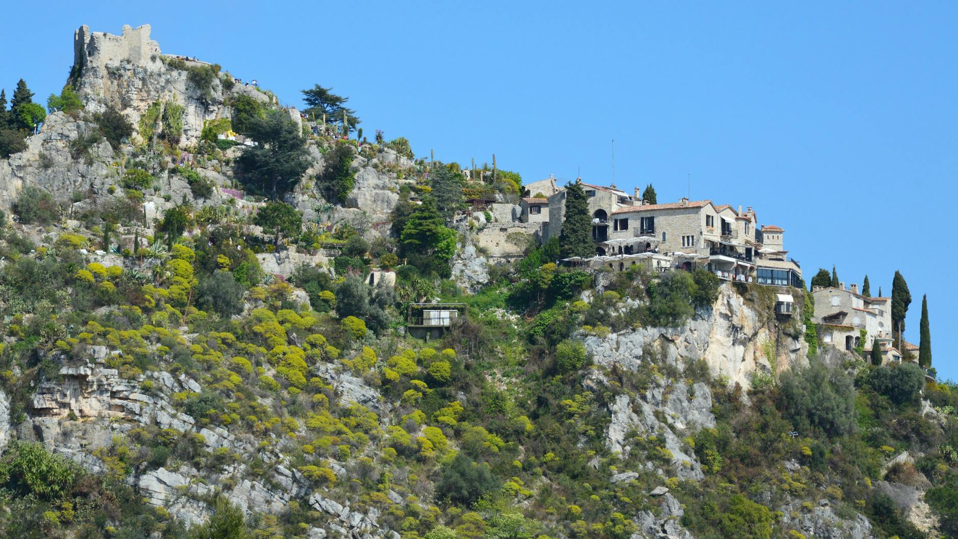 Eze village perched on a rocky hillside above the Mediterranean coast