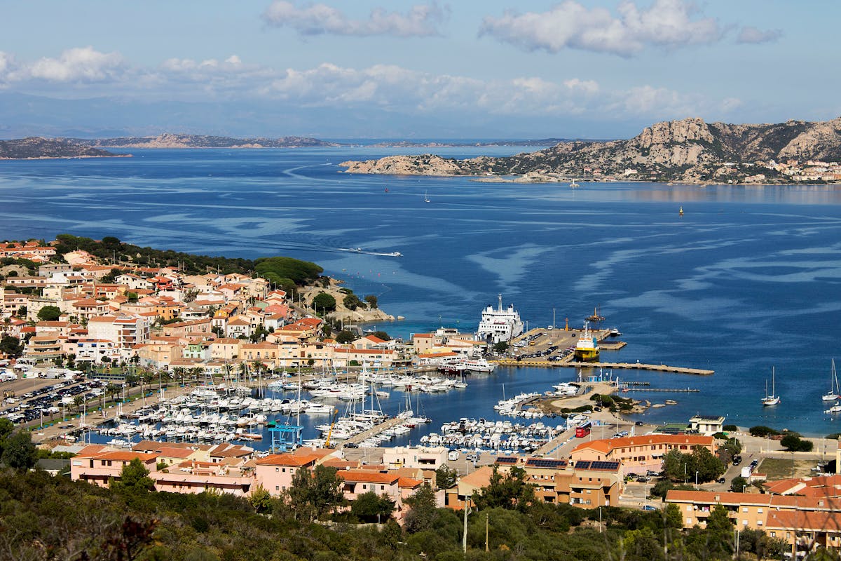 Aerial view of Palau harbor in Sardinia, the main departure point for La Maddalena