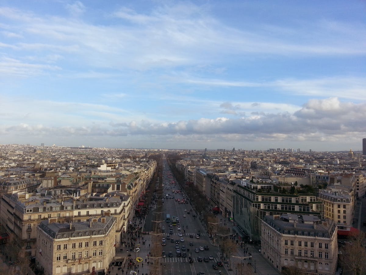 Breathtaking aerial view of the Champs-Elysees avenue stretching through Paris
