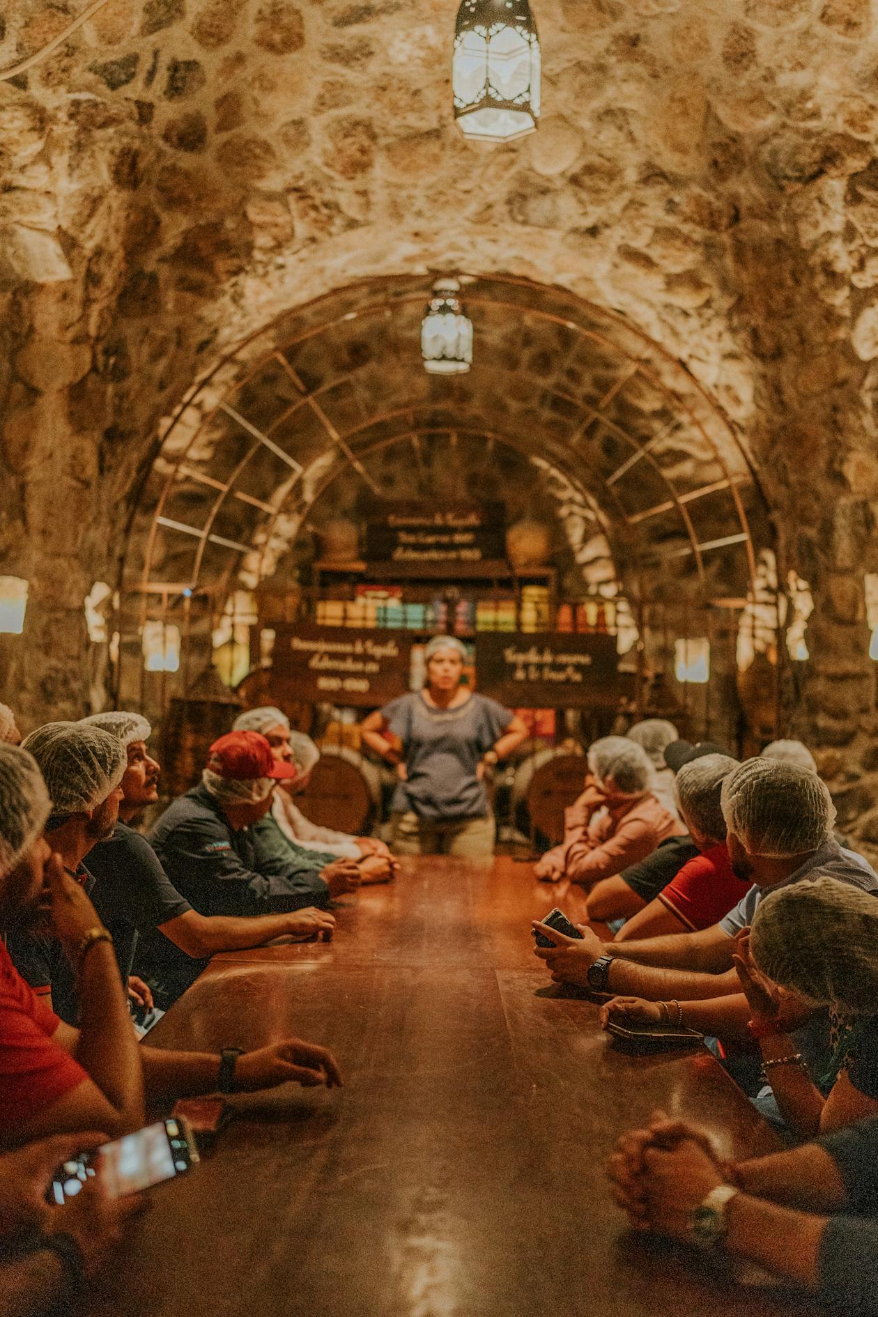 Group of travelers enjoying a wine tasting experience in a stone cellar