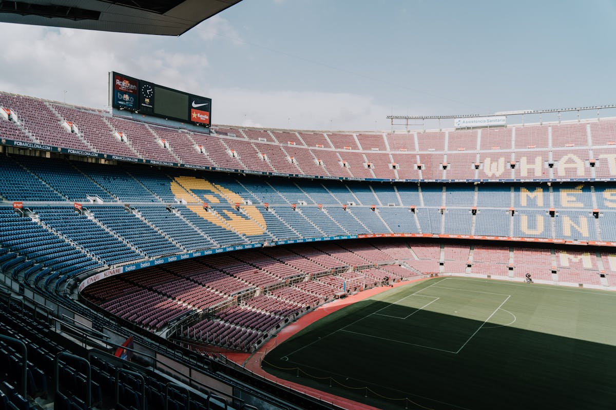 View of Camp Nou stadium showing the stands and field from a high angle