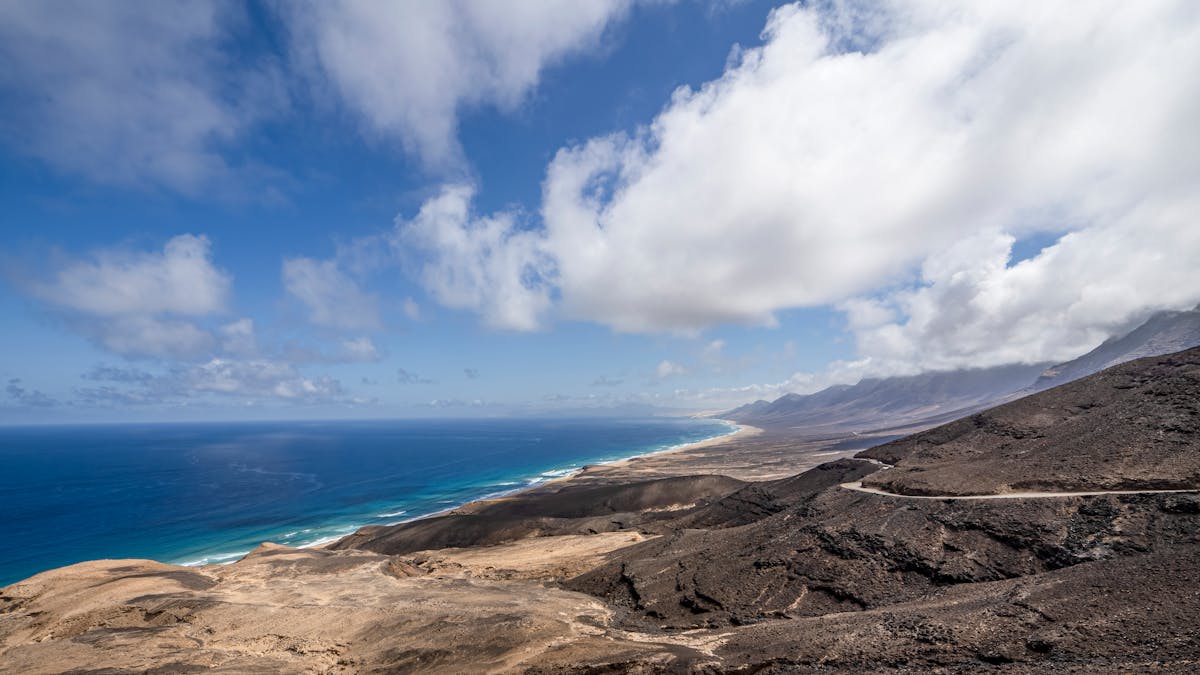 Drone shot of the volcanic coast in Fuerteventura from above