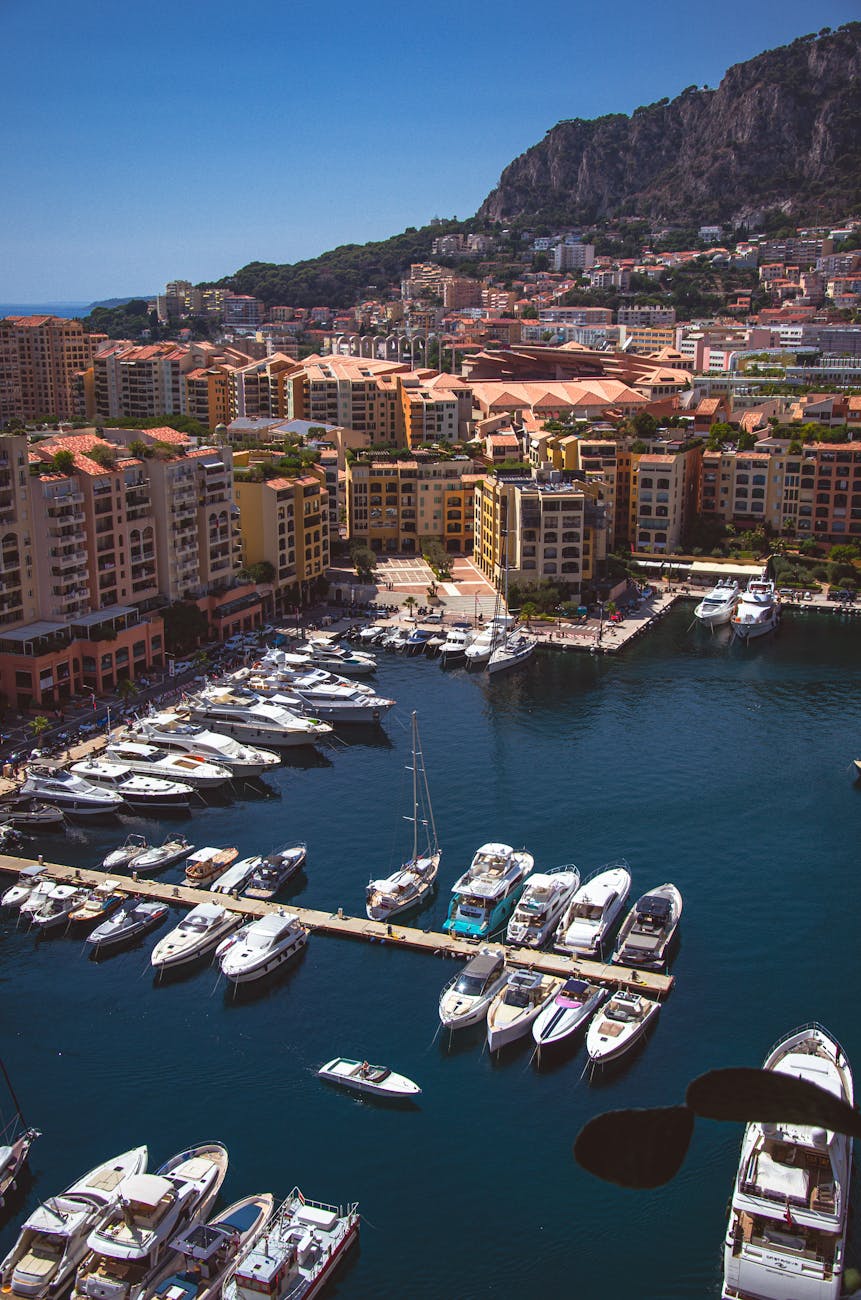Monaco yacht marina with rows of luxury yachts and the city skyline behind