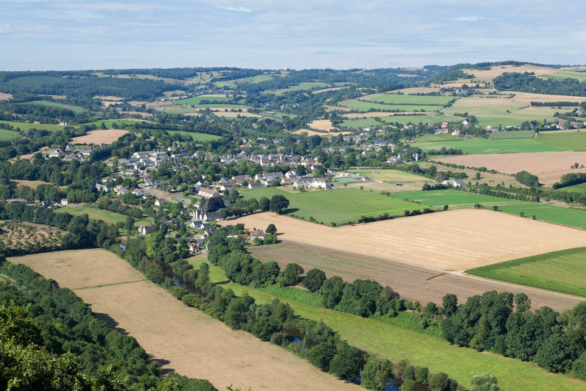 Aerial view of countryside village in Normandy France