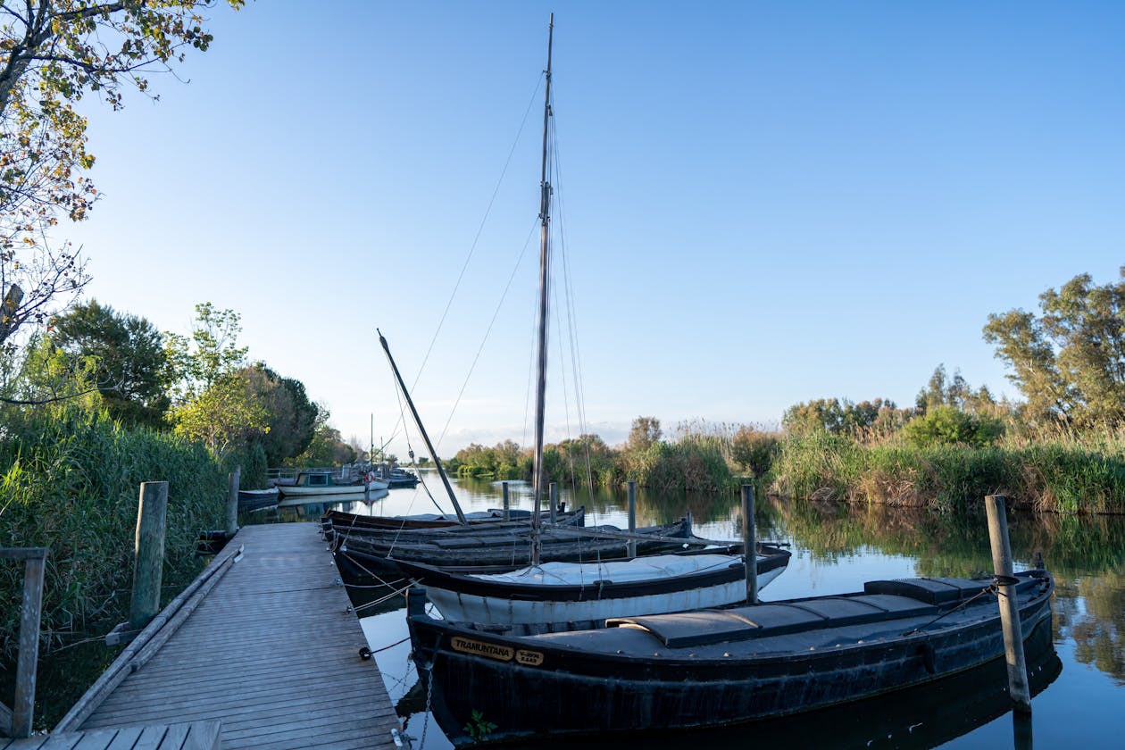 Traditional boats moored at a wooden pier in Catarroja near Valencia