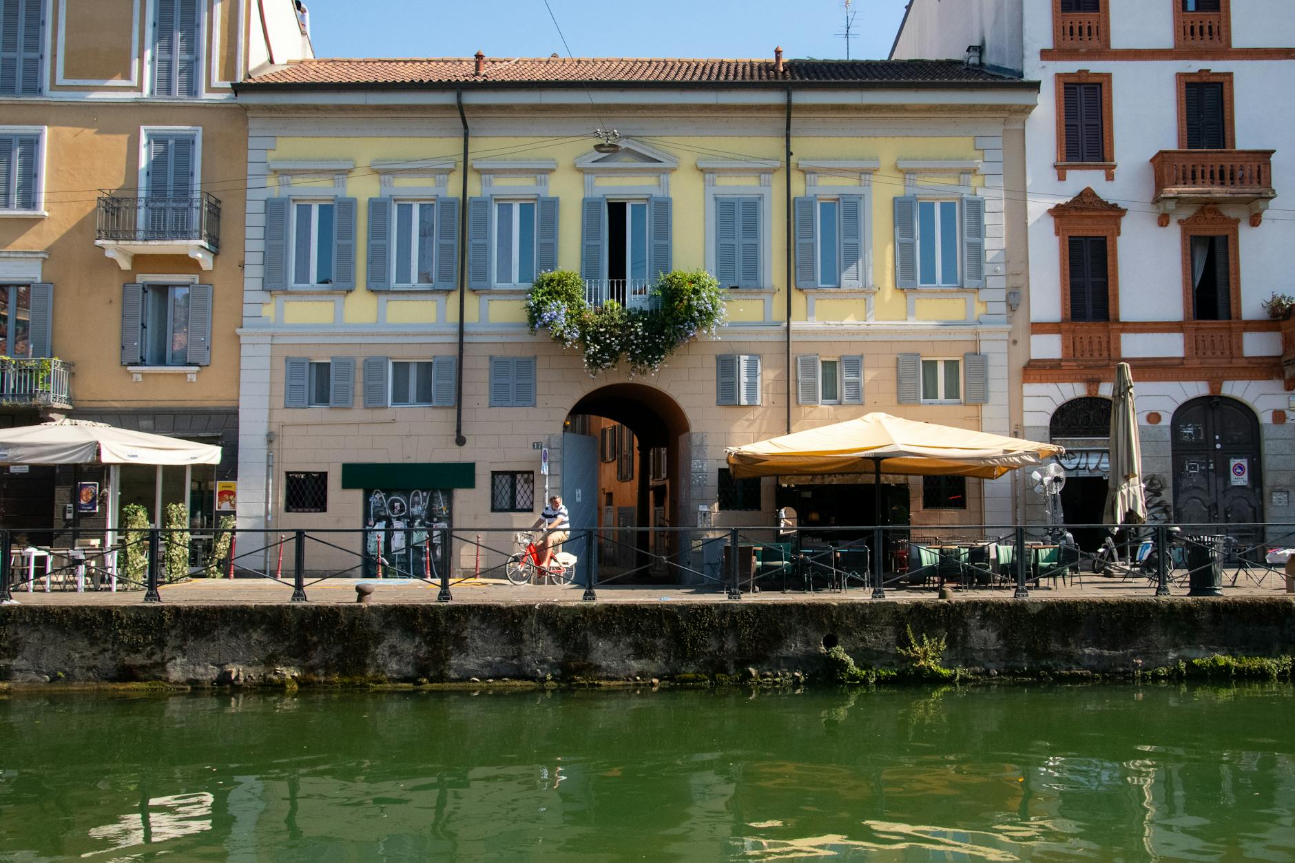 Historic buildings lining the Navigli canal in Milan
