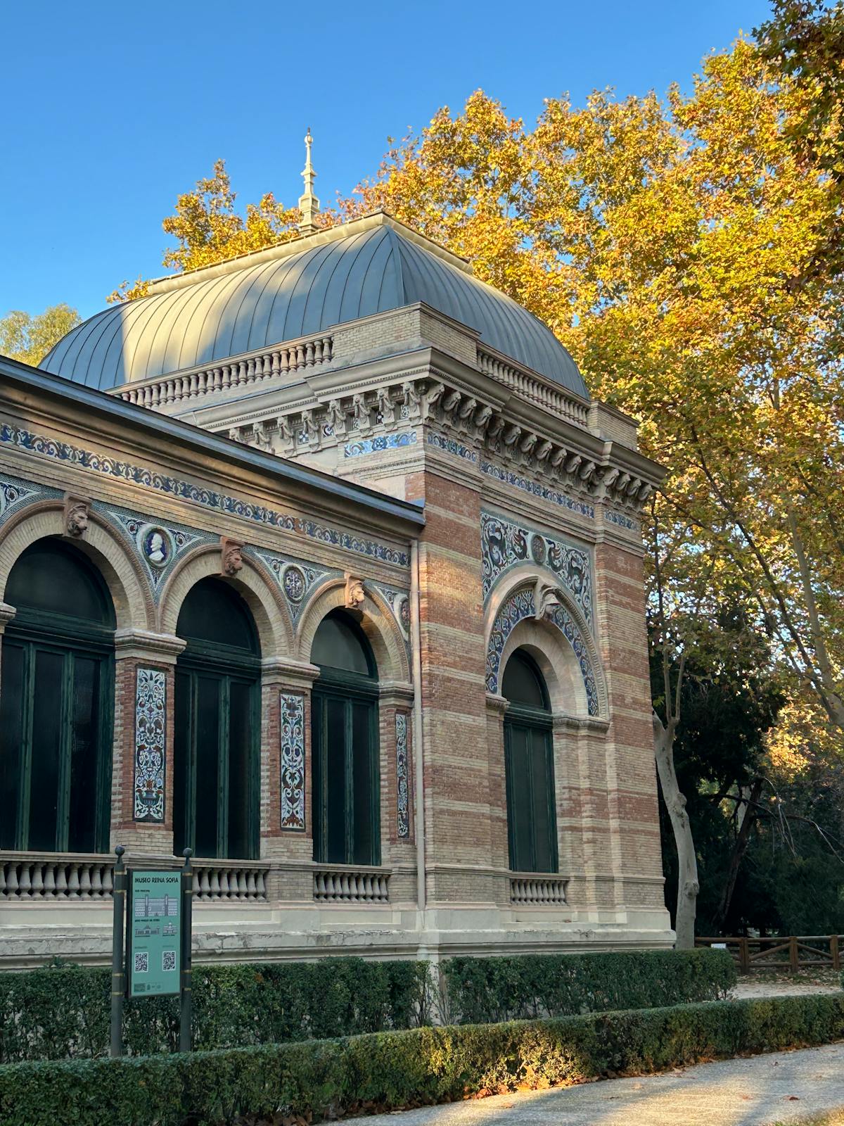 Daytime view of the Velazquez Palace in Retiro Park, Madrid