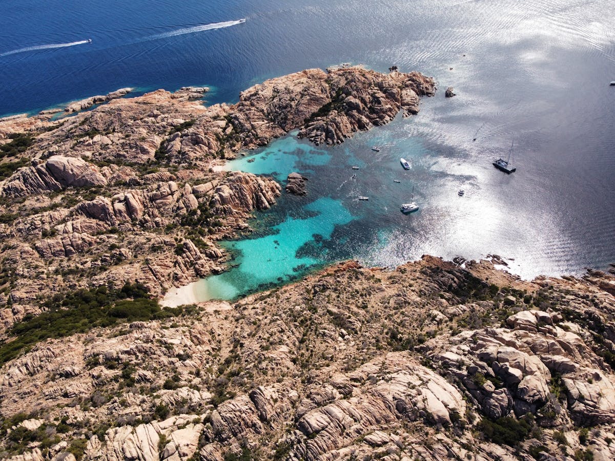 Aerial view of the La Maddalena Archipelago showing turquoise waters and rocky coastline in Sardinia