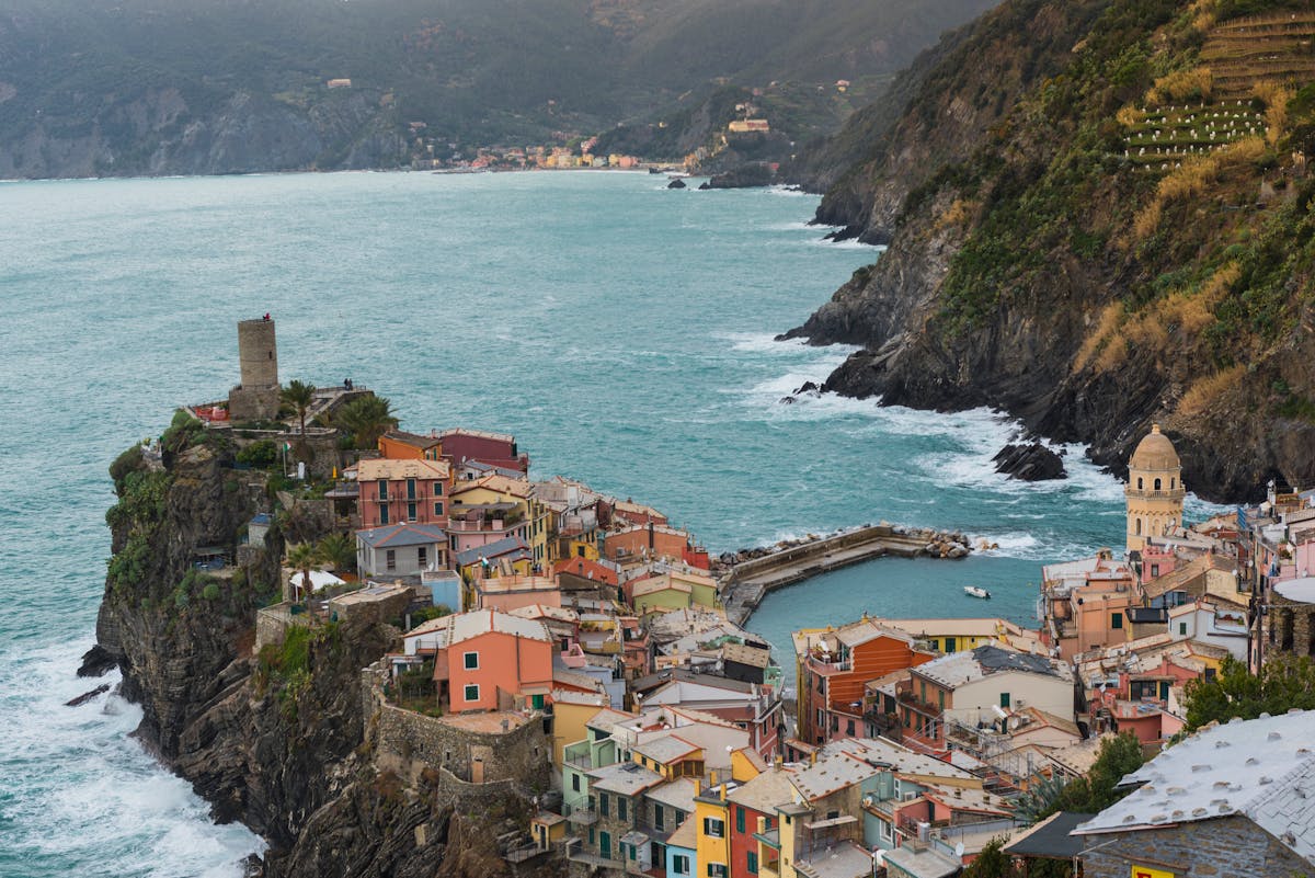 View of Vernazza colorful buildings and coastline from the hiking trail