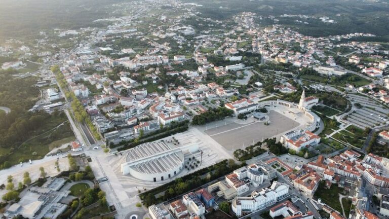 Aerial view of the Sanctuary of Fatima showing the large plaza and basilica