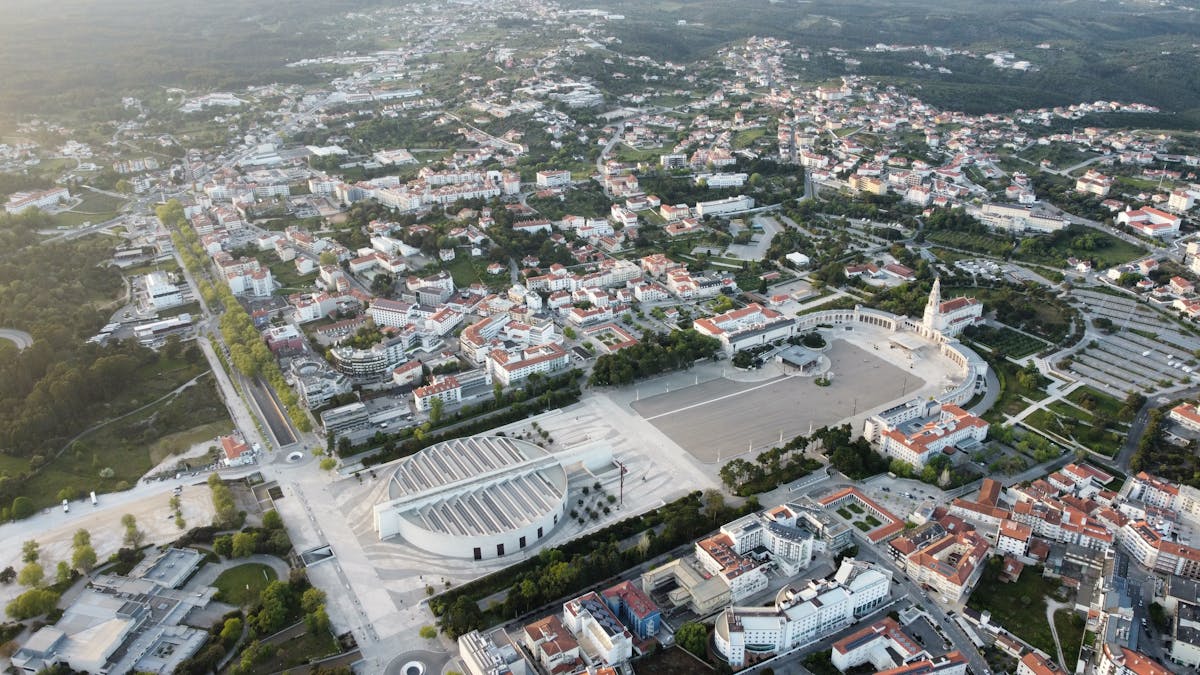 Aerial view of the Sanctuary of Fatima showing the large plaza and basilica
