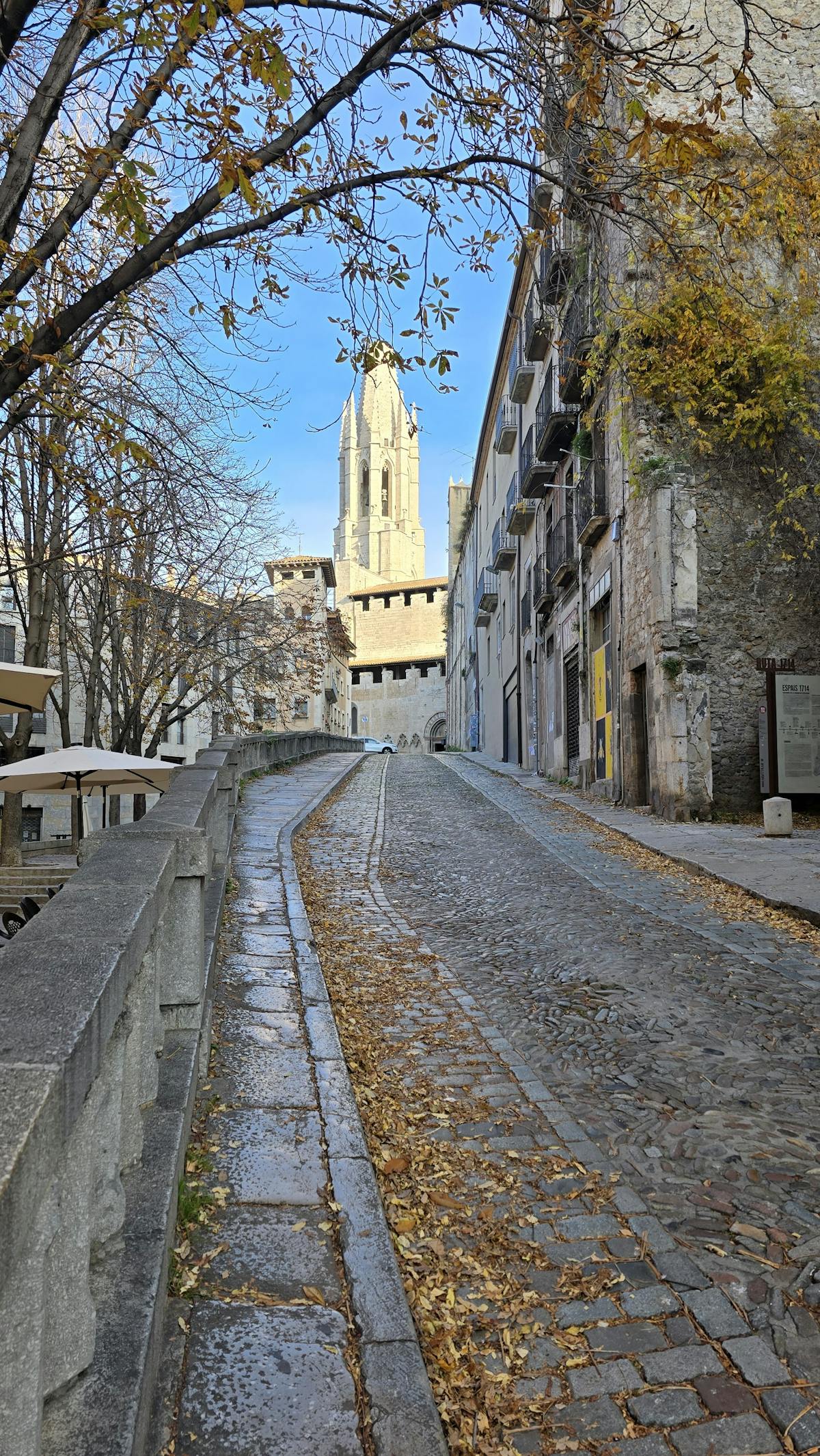 Cobblestone street leading up to Girona Cathedral on a sunny day