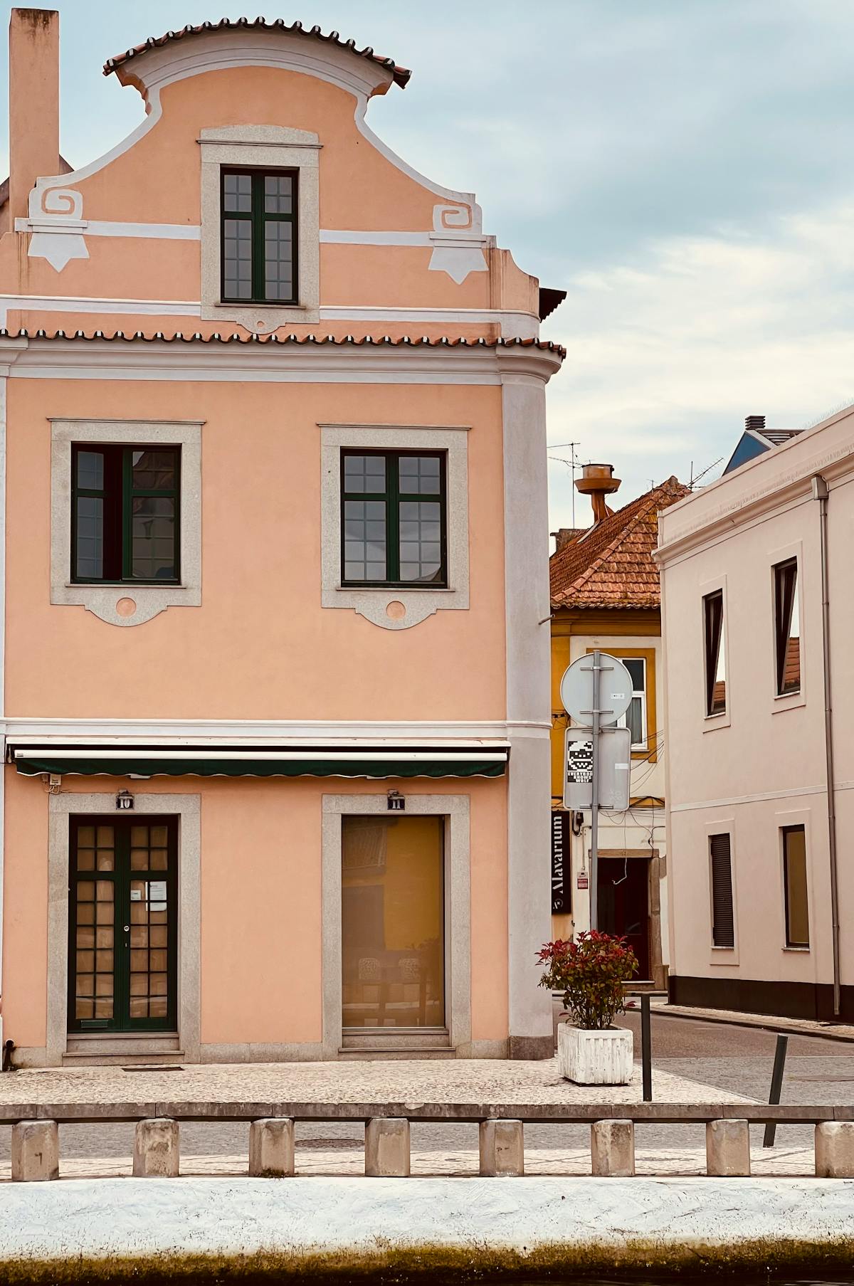 Elegant pastel colored buildings on a quiet street in Aveiro Portugal