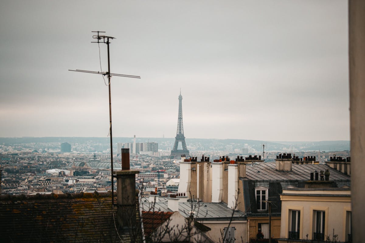Panoramic view of the Paris skyline in winter with Eiffel Tower in the distance