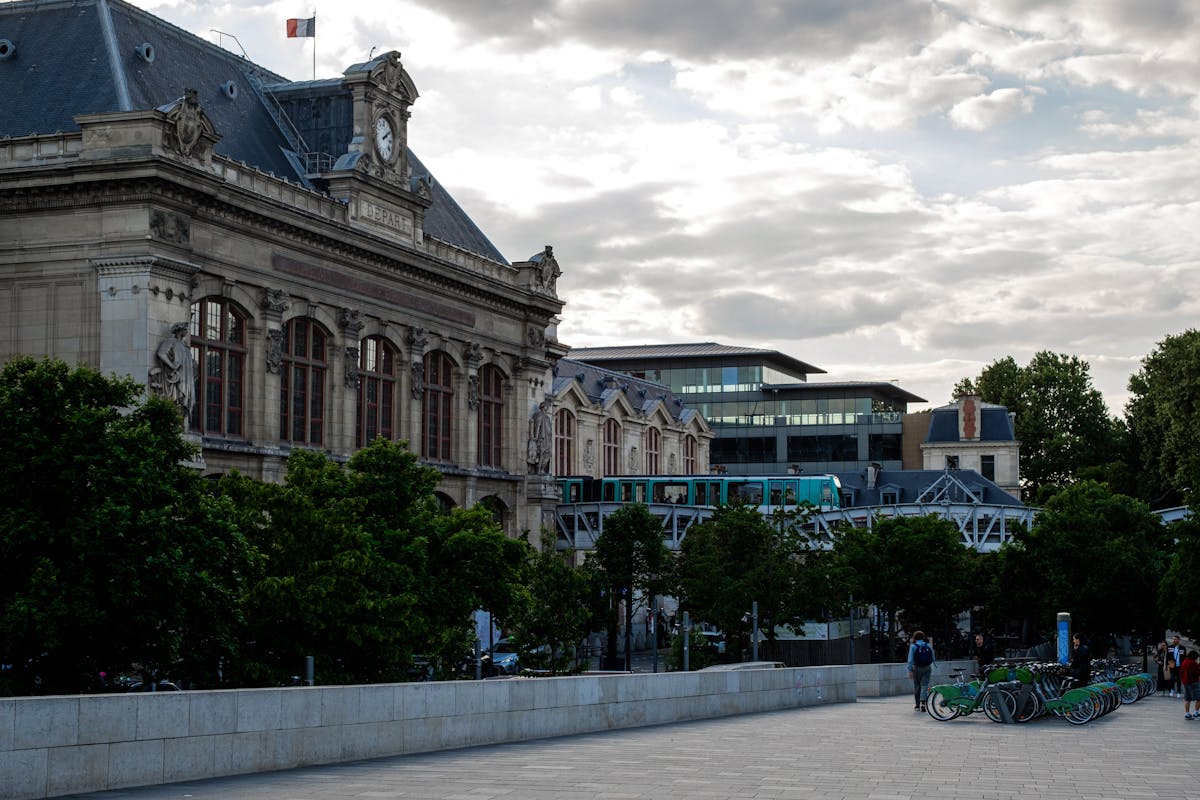 Evening view of Gare Saint-Lazare train station in Paris