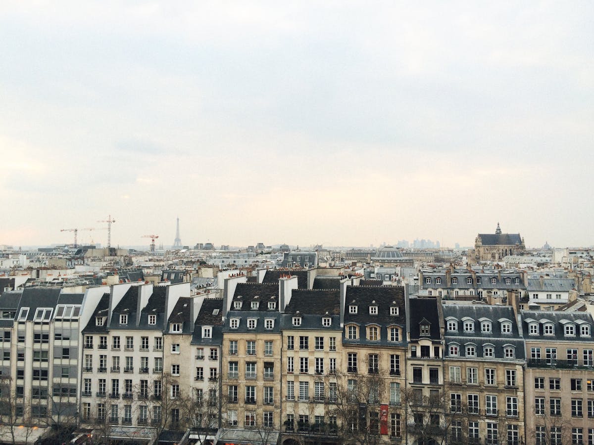 Scenic aerial view of Paris architecture with Eiffel Tower in background