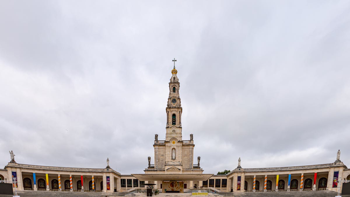 Panoramic view of the Sanctuary of Fatima showing the central tower and wide plaza
