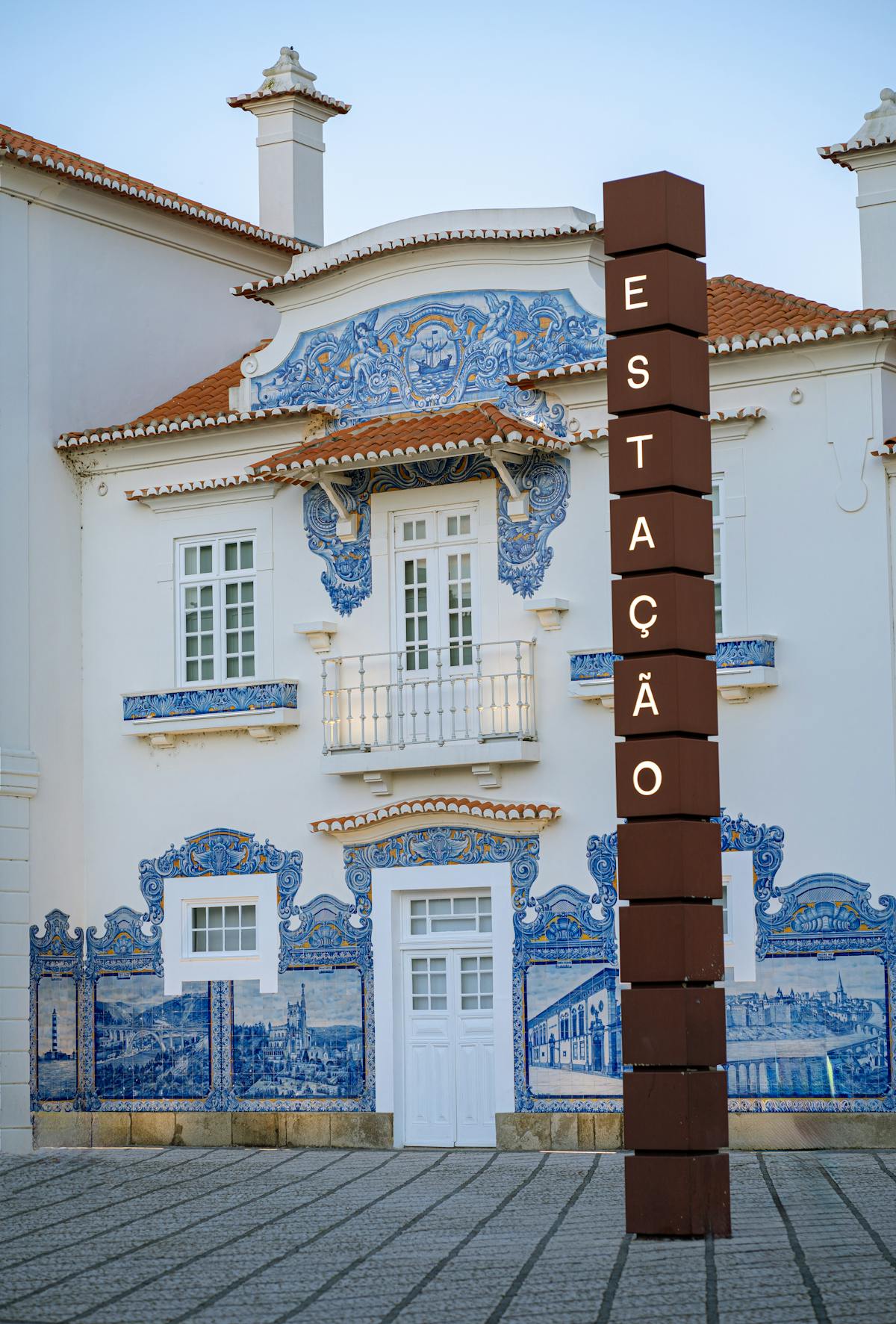 Beautiful blue and white azulejo tile artwork at Aveiro railway station