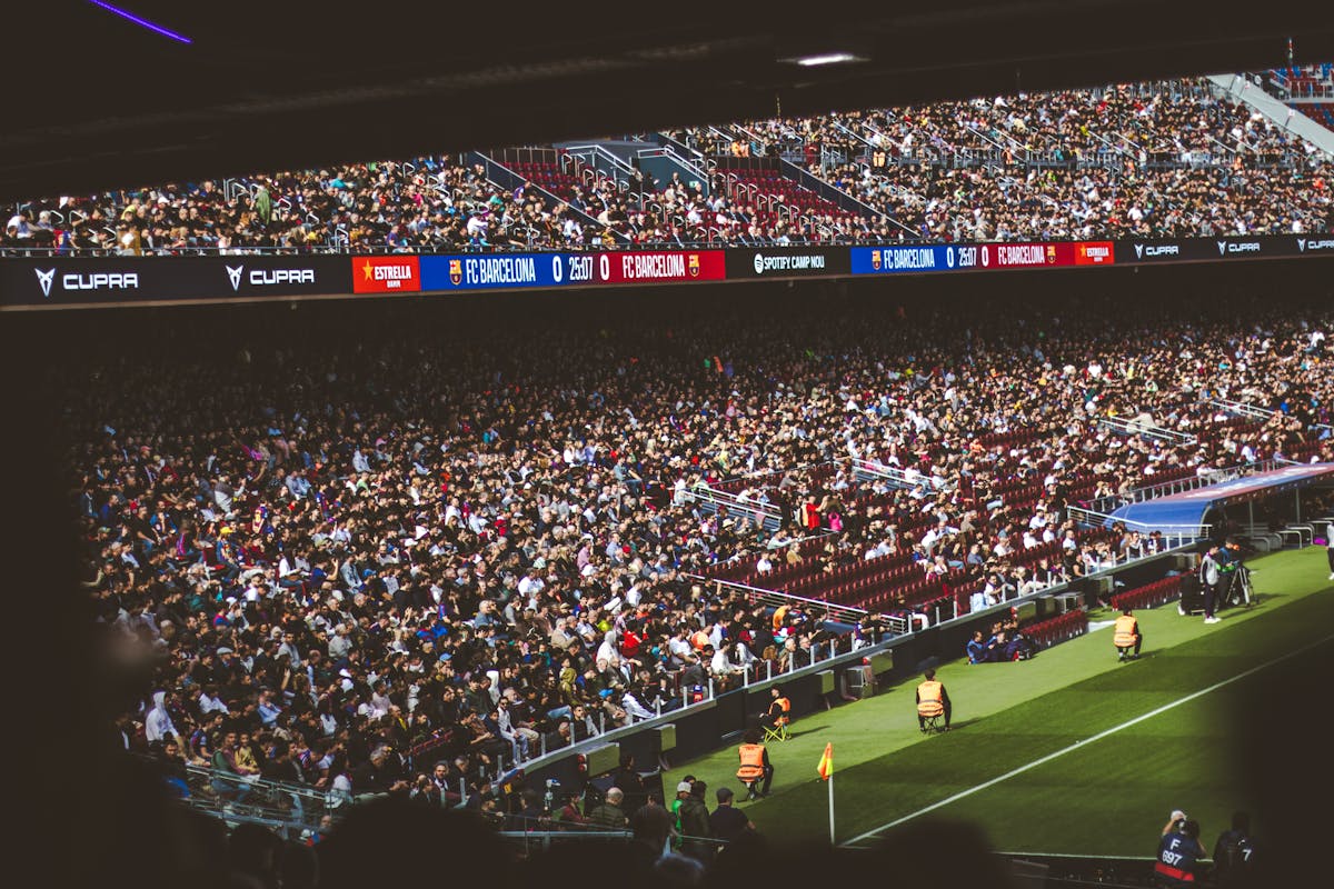 Packed stadium with spectators at an FC Barcelona football match