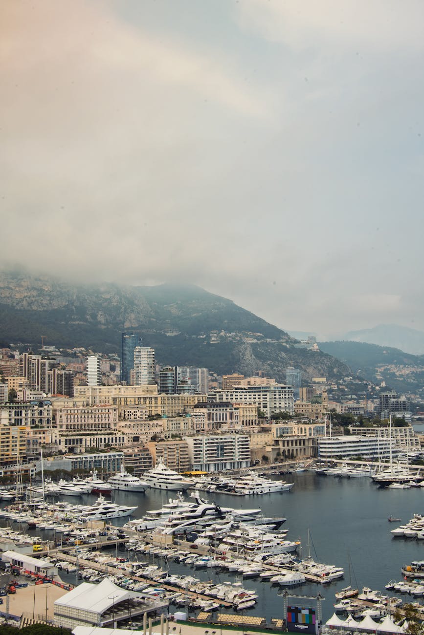 Monaco harbor filled with yachts and the Monte Carlo skyline rising behind it
